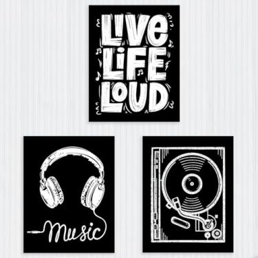 Imagem de 3 peças de impressões de tema musical de arte de parede sem moldura, pôster de citação inspiradora, decoração de parede com fone de ouvido branco e preto, pôsteres para decoração estética de salas de