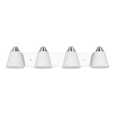 Imagem de Ntsunxeko Luminária cromada para banheiro, 4 luminárias de banheiro sobre o espelho, luzes tradicionais para sala de estar, persianas de vidro branco leite, placa traseira longa, base E26 padrão