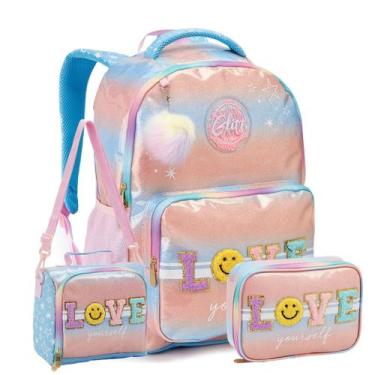 Imagem de Kit Mochila de Costas 17" Love Lancheira Térmica Estojo Box - Seanite,