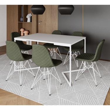 Imagem de Mesa Jantar Industrial Branca Base V 137x90cm C/ 6 Cadeiras Estofadas Verdes Eiffel Aço Branco