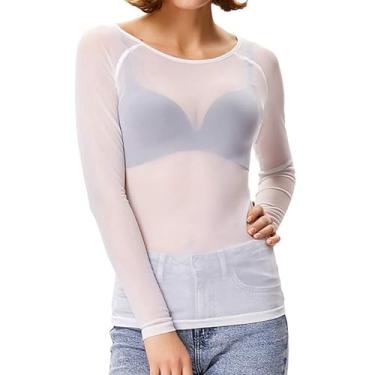 Imagem de Camisetas térmicas femininas sexy de malha transparente para mulheres manga longa gola tartaruga outono inverno camiseta 2024, P-713 Branco, 3G
