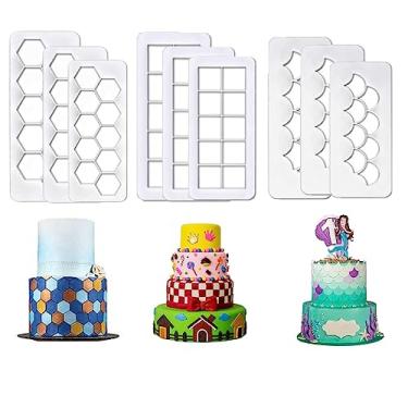 Imagem de Tvoip 9 peças de cortadores de fondant de bolo, cortadores de biscoito geométricos em relevo quadrado e escama hexagonal para decoração de cupcake de aniversário (conjunto 1)