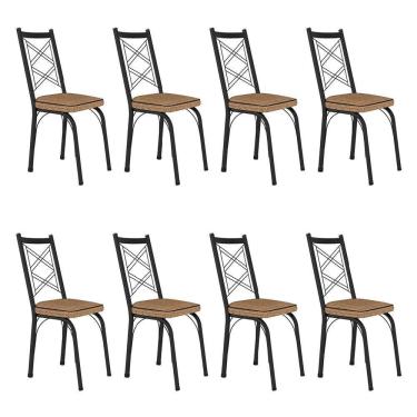Imagem de Kit 8 Cadeiras De Cozinha Delaware Estampado Rattan Bege Pés De Ferro Preto - Pallazio