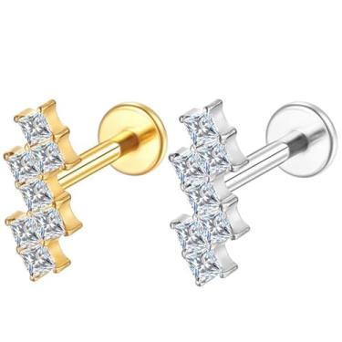 Imagem de Piercing Labret Titânio Pvd Barra Zig-zag Zircônia Cravejada Helix Tragus Conch Nariz Boca Medusa (Dourado)