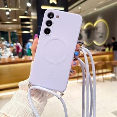 Imagem de Capa magnética líquida de cordão crossbody para Samsung Galaxy A15 A55 A35 A05 A05S Capa traseira de silicone TPU macio, lilás roxo, para Samsung A05
