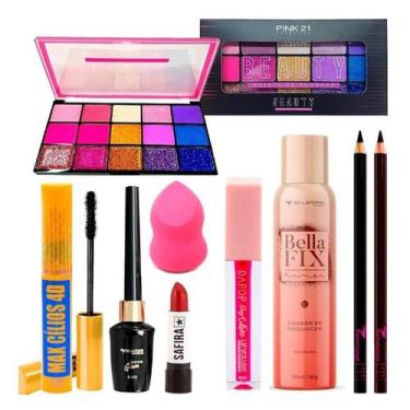 Imagem de Kit De Maquiagem Paleta Sombra Batom Gloss Fixador De Make - Nova Aven