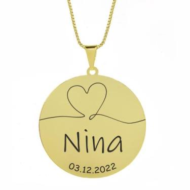 Imagem de Gargantilha Pingente Redondo Personalizado Coração Nome Nina Banhado O