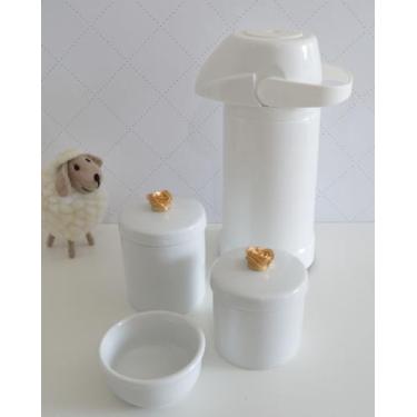 Imagem de kit Higiene Bebê Potes K022 Cotonete  Dourado Algodão Limpeza Porcelan