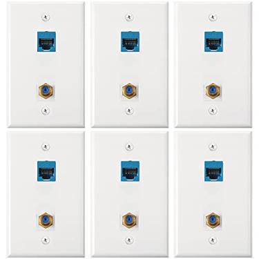 Imagem de 6 peças de placas de parede coaxial Ethernet tomada de parede Ethernet Cat6 placa de parede coaxial com porta Ethernet fêmea para fêmea cabo coaxial de TV banhado a ouro e porta tipo F para satélite e