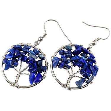 Imagem de Nupuyai Brincos pendentes Tree of Life, brincos de gancho de pedras tumbled para mulheres, Pedra Metal, 4#lápis-lazúli pedra