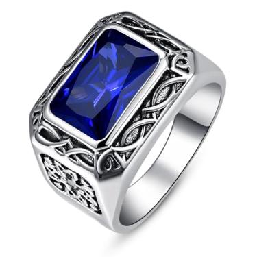 Imagem de Yaresul Anel masculino simulado de 12 x 8 mm com pedra preciosa de aço inoxidável, vintage, celta, azul, vermelho e preto, presente de casamento para marido, pai, avô, tamanho 8-12, Safira sintética