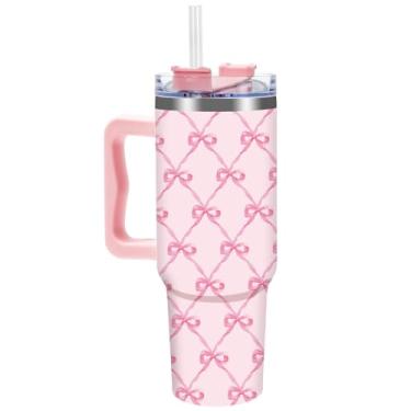 Imagem de FYSUIMU Copo de laço rosa com alça canudo e tampa 1,134 g laço de fita rosa copo de aço inoxidável copo de café para casa, escritório, férias, aniversário
