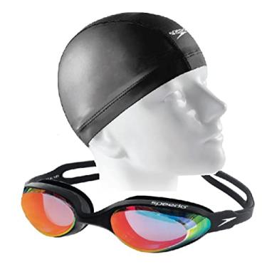 Imagem de Kit Natação Speedo Óculos Hydrovision Espelhado + Touca Comfort Triathlon Águas Abertas (óculos preto)