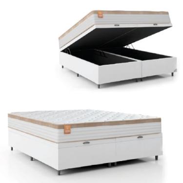 Imagem de Cama Box Baú Colchão Casal Queen Molas Ensacadas Real 158x198x68cm Linho Branco / Bege Inducol - Suporta até 130kg por Pessoa