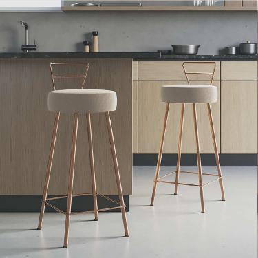 Imagem de Kit 02 Banqueta Alta Com Encosto Tina Eiffel Cozinha Bar Bistrô Ferro Bronze Suede Bege - Ahazzo Móveis