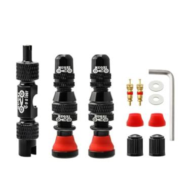 Imagem de MUQZI Kits de hastes de válvula Schrader sem câmara - liga de 40 mm para bicicleta sem tubos válvula Schrader hastes universais para aro MTB válvula sem câmara com ferramenta de remoção, 40 preto