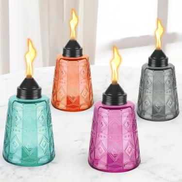 Imagem de KintKita Pacote Com 4 Tochas De Mesa Para Áreas Externas, Vidro Multicolorido Citronela Externas Pavios E Tampa, Latas Tocha Recarregáveis 12 Oz Lanternas Decoração Jardim, Quintal, Festa, Pátio, Pa