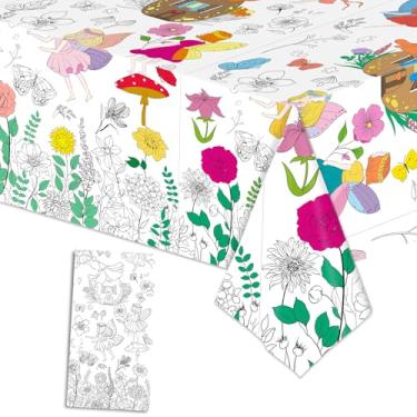 Imagem de Toalha de mesa para colorir flores gigantes e fadas – 137 x 274 cm, cartaz de capa de mesa floral de papel descartável com fadas, borboletas para decoração de festa de aniversário infantil