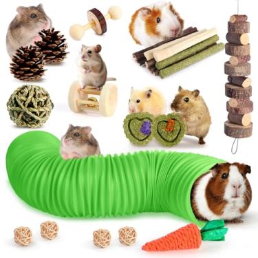 Imagem de Kyouki Conjunto de brinquedos de porquinho da índia para hamster com túnel, madeira de maçã mastigável e feno natural de Timothy - Brinquedos de mastigar enriquecimento para animais pequenos - 24+