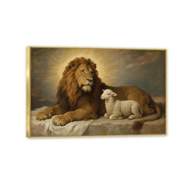 Imagem de Decoração de parede Jesus para sala de oração arte de parede cristã impressões de parede em tela de leão e cordeiro Imagem para oração de serenidade decoração de casa 60 x 40 cm (24 x 16 pol) moldura