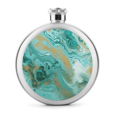 Imagem de Cantil de aço inoxidável, azul-petróleo e ouro com impressão de mármore cantil de metal clássico frasco de bolso garrafa de viagem garrafa portátil de licor