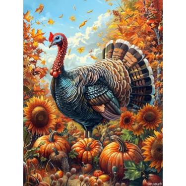 Imagem de TUTUMAY21 Kits de arte de diamante DIY 5D para adultos Turquia, pintura de diamante, abóbora de Halloween, pintura por números, tela redonda de strass para decoração de parede de casa, presente 30 x