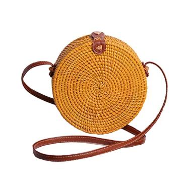 Imagem de SHAREYOIU Candy Colors Bolsas de ombro redondas de vime feitas à mão, estilo praia tropical natural chique com alça de couro, Nº 1 amarelo, Big，7.87x 3.2 inch