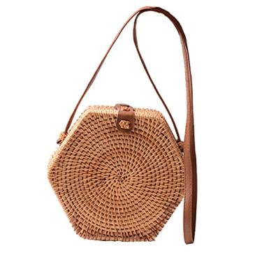Imagem de SHAREYOIU Bolsas de ombro redondas de vime feitas à mão, estilo tropical de praia natural chique com alça de couro, Pentágono, BIG ,7.87 x 3.2 inches