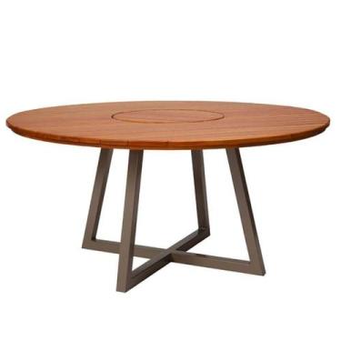 Imagem de Mesa Redonda 1,50m Jantar Tampo de Madeira Centro Giratório Pés Alumín
