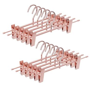 Imagem de Pacote com 10 cabides para calças de alumínio ouro rosa fosco, leves, com ganchos giratórios de 360° e clipes ajustáveis antiderrapantes para calças, saias, jeans, crianças e adultos, durável
