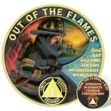 Imagem de Leafence Moeda de sobriedade AA bombeiro Out of the Flames Recovery Token Alcoólicos Anônimos Moedas AA e medalhões One Day at a Time Sobriety Chip Sober Coin (Moeda de Sobriedade de Bombeiro, 1 Ano)