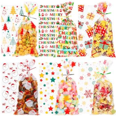 Imagem de PPRAFDD 180 unidades, 5 x 28 unidades, sacos de presente de celofane de Natal com laços coloridos torcidos 6 estilos, sacos de presente de violoncelo transparentes de Natal para lembrancinhas de festa