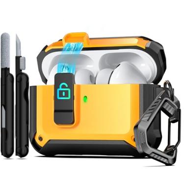 Imagem de RFUNGUANGO Capa protetora para AirPods Pro 3ª geração, com clipe de trava de segurança e capa pop-up automática, capa rígida à prova de choque para AirPods Pro 3 (2025) - amarela