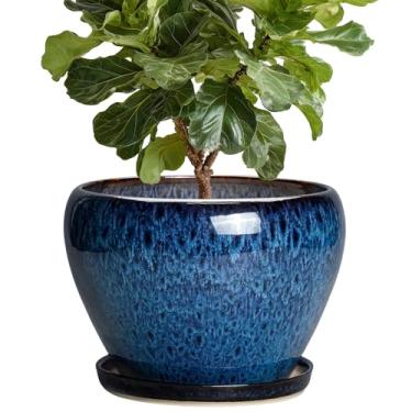 Imagem de Thirtypot Vaso de cerâmica - Vaso de 25 cm com orifício de drenagem e pires de plantas, vaso redondo interno e externo, vasos modernos, vaso de flores grande, decoração de sala de casa, escritório