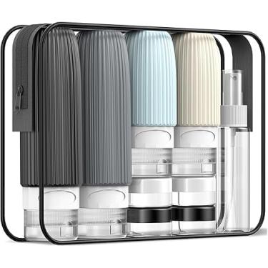 Imagem de Kit 16 Frascos de Viagem – Recipientes Recarregáveis de Silicone Antivazamento para Shampoo, Condicionador, Licores e Artigos de Higiene Pessoal – Compacto e Portátil (TONS DE CINZA E PRETO)