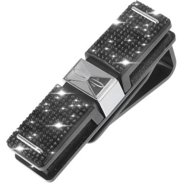Imagem de Suporte de óculos de sol com strass de cristal brilhante para carro viseira de sol suporte suporte de couro PU clipes organizadores de óculos decoração clipe de cartão de bilhete de cristal (preto)
