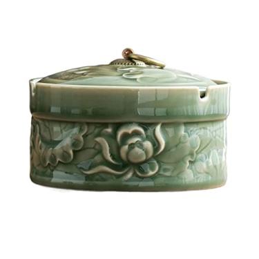 Imagem de Cinzeiro de ervas daninhas cinzeiro grande de cerâmica com tampa cinzeiro chinês em relevo Celadon cinzeiro casa sala de estar cinzeiros para cigarros (A)