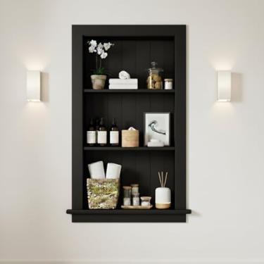 Imagem de Armário de remédios embutido, nicho de parede, prateleiras, inserção de prateleira, 35 cm L x 61 cm A, 43 cm L x 68 cm A, 3 camadas, preto, madeira, armários de drywall rasos, prateleiras entre