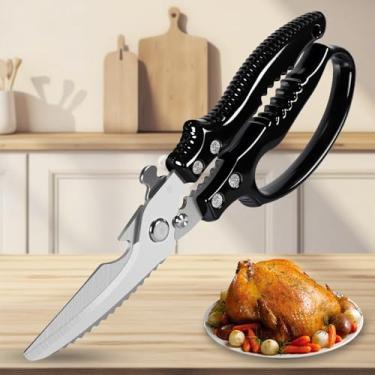 Imagem de Tesouras de aves resistentes, tesouras de cozinha pretas com alça deslizante e trava de segurança, tesoura de cozinha multiuso para frango, corte de carne, peru, peixe e legumes