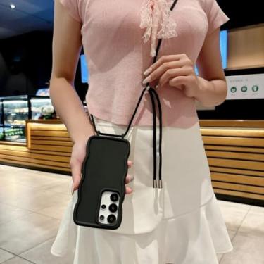 Imagem de Capa de silicone líquido macio de cor sólida com alça de mão transversal de luxo Wave para Samsung Galaxy S25 Ultra S24 Plus (para Galaxy S25+/BlackCS)