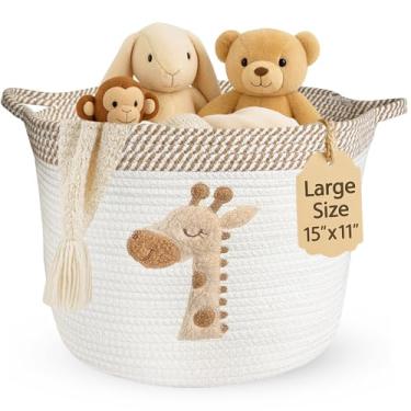 Imagem de Cesta de armazenamento de girafa para berçário – Caixa grande de corda de algodão de 38 cm x 28 cm com patch de feltro macio para animais – Organizador de brinquedos, cesto de roupa suja para bebês