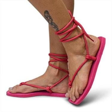 Imagem de Sandália Rasteira Feminina de Amarrar Bico Quadrado Modernidade Inovação Lançamento Rosa-Feminino