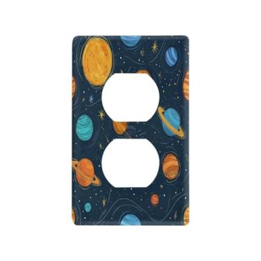 Imagem de Blueangle Placa de parede com desenho animado sistema solar planetas duplex, tamanho padrão, placas de cobertura de tomada elétrica de 1 gangue para decoração de quarto de escritório em casa, 4,53 x