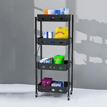 Imagem de Carrinho de armazenamento dobrável de 4 camadas - Carrinho utilitário com rodinhas para cozinha, prateleira móvel para espaços estreitos, cor preta, design deslizante