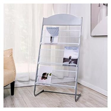 Imagem de Porta-revistas de aço, suporte de folheto de 3 camadas com moldura resistente - perfeito para salas de espera, aeroportos, bancos - exibição elegante de catálogo de suporte de chão prata/preto/branco