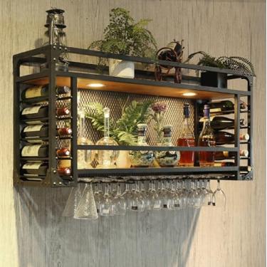 Imagem de Rack de vinho de metal montado na parede - Armazenamento multifuncional para casa, restaurante e bar - Organizador elegante para garrafas e copos - Design que economiza espaço