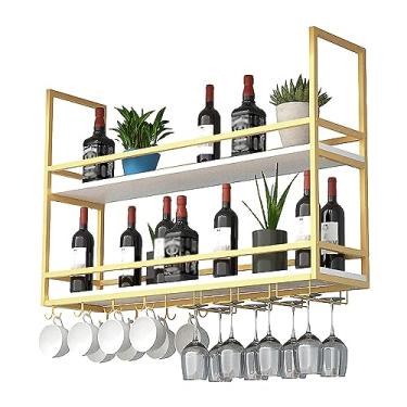 Imagem de Prateleira de montagem de teto industrial rack de vinho, prateleiras flutuantes suspensas, suporte de garrafa de vinho e vidro, rack organizador para cozinha de bar doméstico (cor: ouro, tamanho: 100