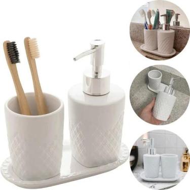 Imagem de Conjunto 3 Peças para Banheiro de Cerâmica Branco e Prata Lyor