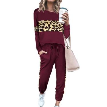 Imagem de Conjunto de Moletom PRETTYGARDEN Leopardo Vinho Manga Longa Tamanho P