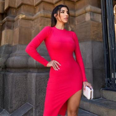 Imagem de Vestido Midi Gola Role Com Fenda Feminina Revanche Caroní, Rosa medio